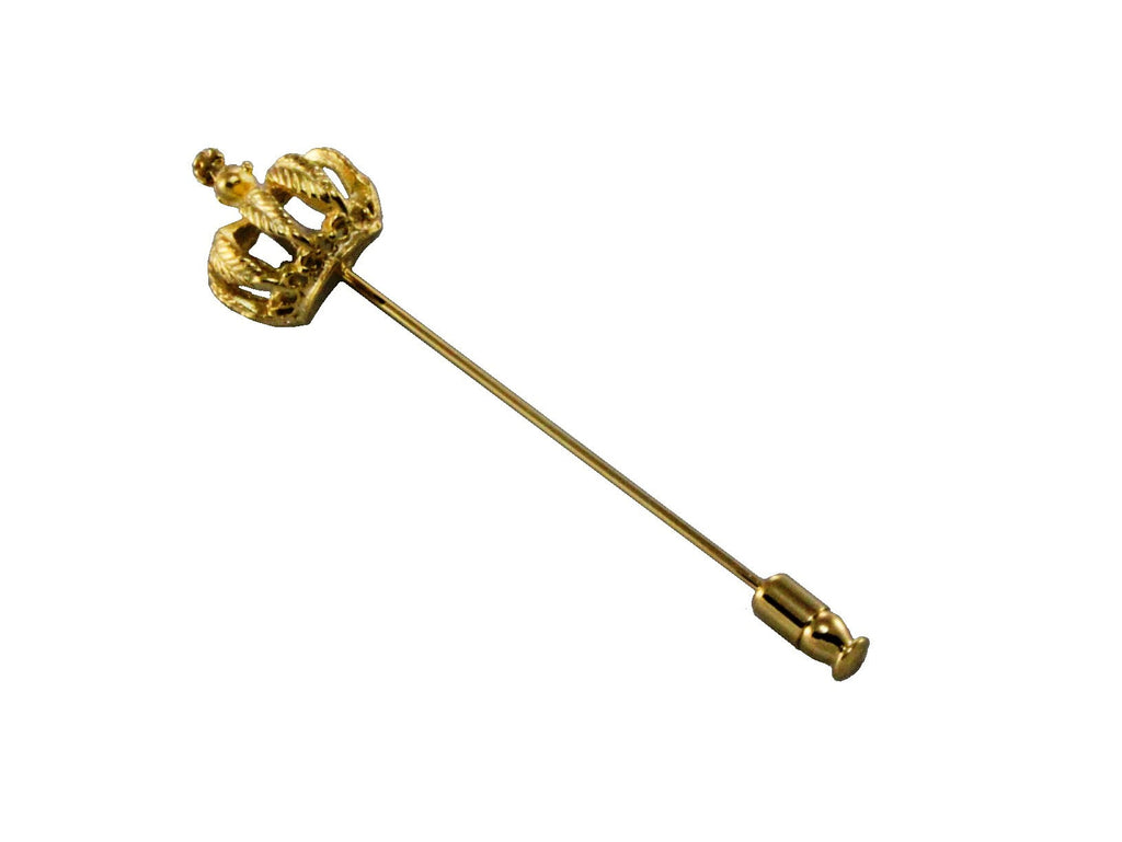 Crown stick pin brooch in yellow and white gold with curly gold